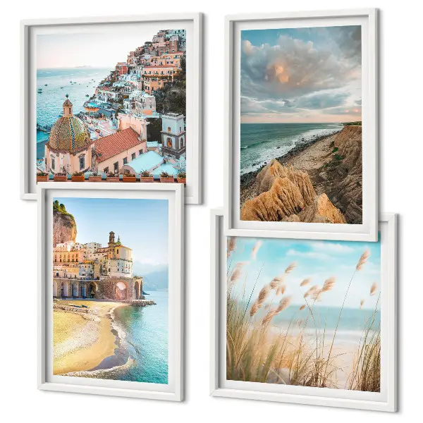 Conjunto de 4 quadros com moldura com paisagens de praia, cidade e falésias