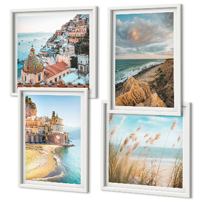 Conjunto de 4 quadros com moldura Paisagens praia cidade falésias