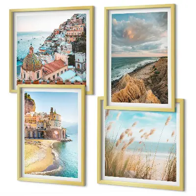 Conjunto de 4 quadros com moldura com paisagens de praia, cidade e falésias