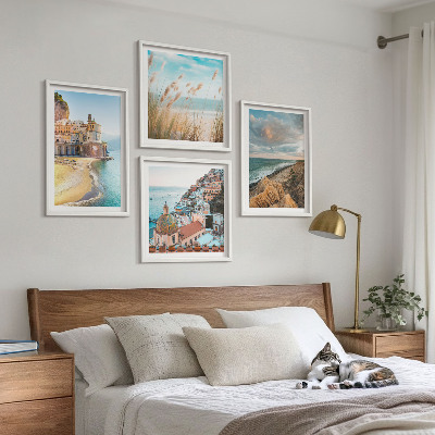 Conjunto de 4 quadros com moldura Paisagens praia cidade falésias