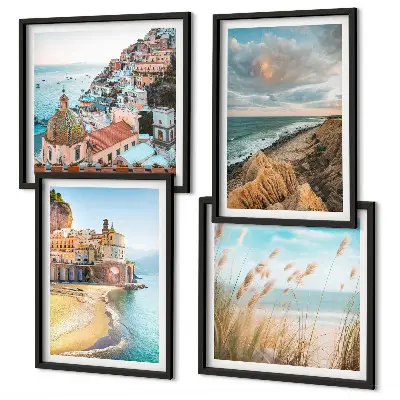 Conjunto de 4 quadros com moldura com paisagens de praia, cidade e falésias