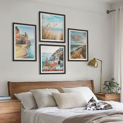 Conjunto de 4 quadros com moldura Paisagens praia cidade falésias