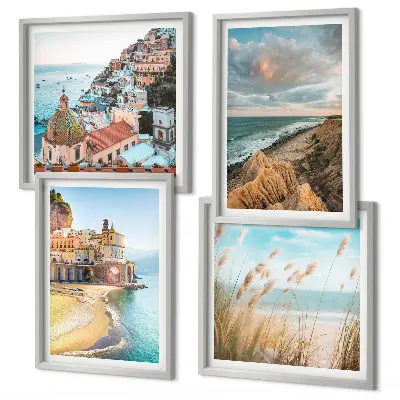 Conjunto de 4 quadros com moldura com paisagens de praia, cidade e falésias