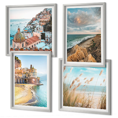 Conjunto de 4 quadros com moldura Paisagens praia cidade falésias