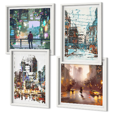Conjunto de 4 quadros com moldura Cidades modernas e coloridas com personalidade.