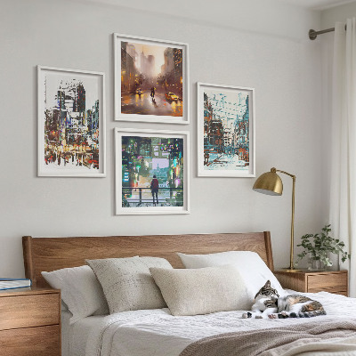 Conjunto de 4 quadros com moldura Cidades modernas e coloridas com personalidade.