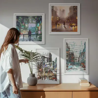 Conjunto de 4 quadros com moldura com estética de cidades modernas e coloridas