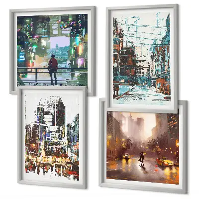 Conjunto de 4 quadros com moldura com estética de cidades modernas e coloridas