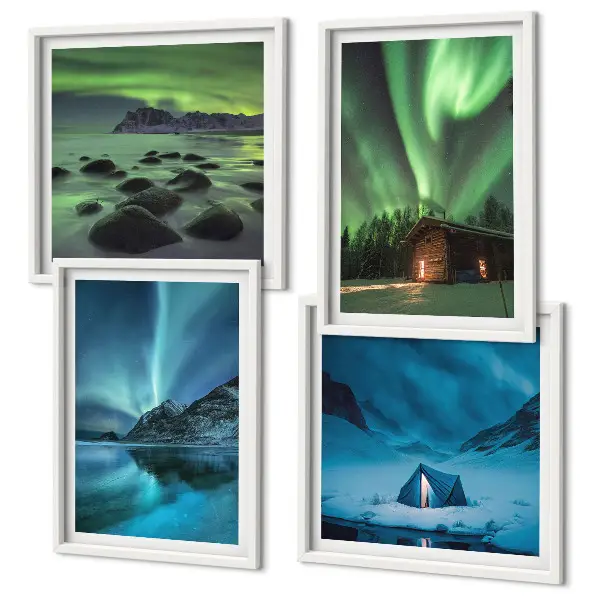 Composição de quadros com paisagens de aurora boreal em montanhas no inverno