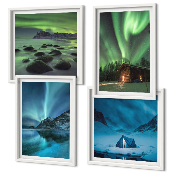 Composição de quadros Paisagens de inverno, aurora boreal, montanhas