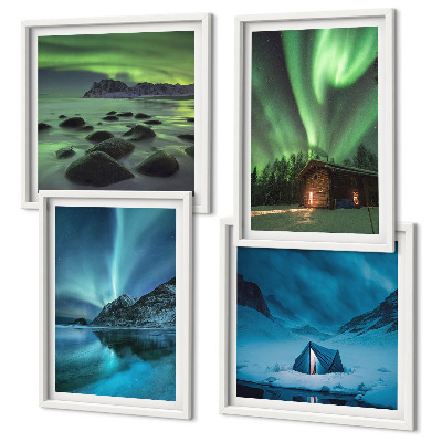 Composição de quadros Paisagens de inverno, aurora boreal, montanhas