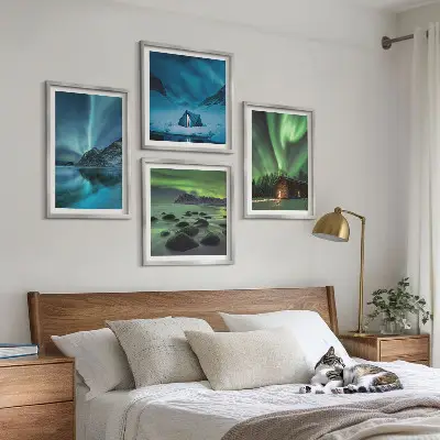 Composição de quadros com paisagens de aurora boreal em montanhas no inverno