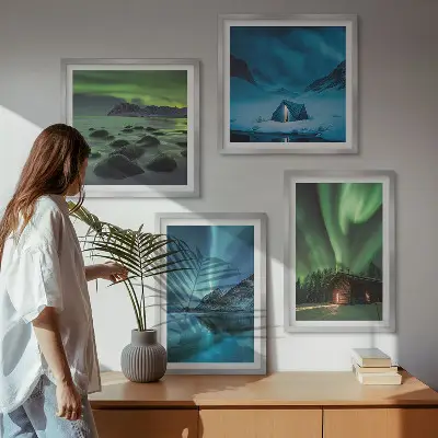 Composição de quadros com paisagens de aurora boreal em montanhas no inverno