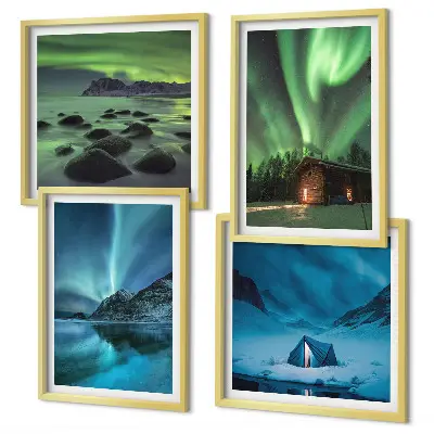 Composição de quadros com paisagens de aurora boreal em montanhas no inverno