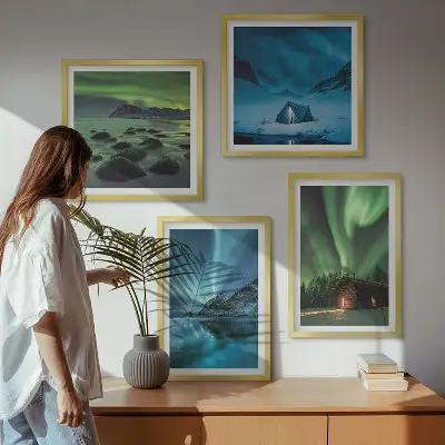 Composição de quadros com paisagens de aurora boreal em montanhas no inverno