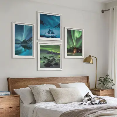 Composição de quadros com paisagens de aurora boreal em montanhas no inverno