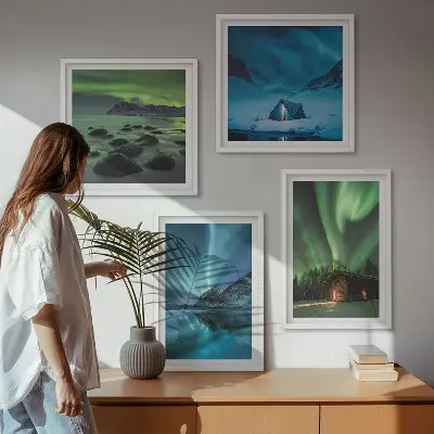 Composição de quadros com paisagens de aurora boreal em montanhas no inverno