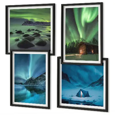 Composição de quadros com paisagens de aurora boreal em montanhas no inverno