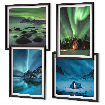 Composição de quadros Paisagens de inverno, aurora boreal, montanhas