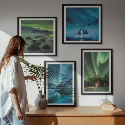 Composição de quadros com paisagens de aurora boreal em montanhas no inverno