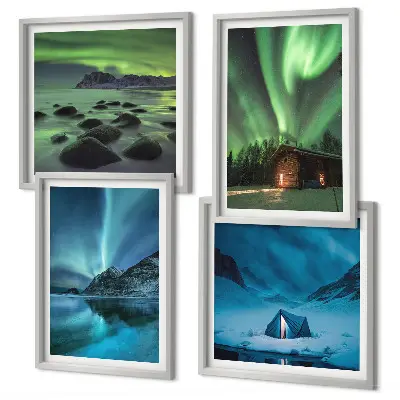 Composição de quadros com paisagens de aurora boreal em montanhas no inverno