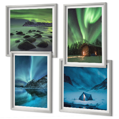 Composição de quadros Paisagens de inverno, aurora boreal, montanhas
