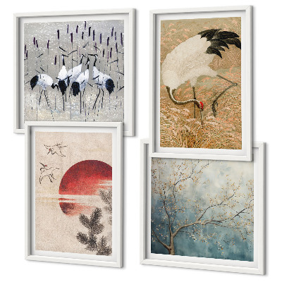 Conjunto de 4 quadros com moldura paisagem de guindastes japoneses