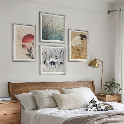 Conjunto de 4 quadros com moldura de paisagem de guindastes japoneses
