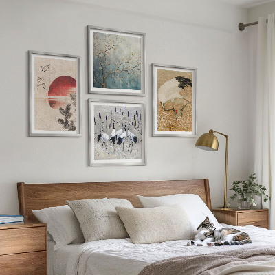 Conjunto de 4 quadros com moldura paisagem de guindastes japoneses
