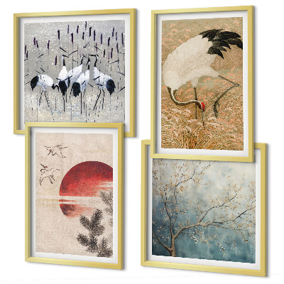 Conjunto de 4 quadros com moldura paisagem de guindastes japoneses
