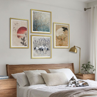 Conjunto de 4 quadros com moldura paisagem de guindastes japoneses