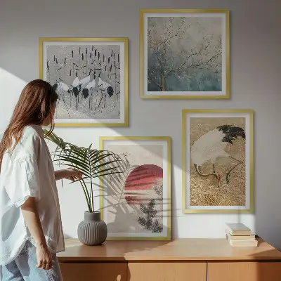 Conjunto de 4 quadros com moldura de paisagem de guindastes japoneses