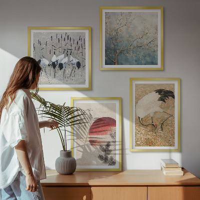 Conjunto de 4 quadros com moldura paisagem de guindastes japoneses