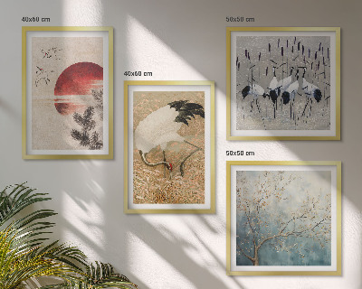 Conjunto de 4 quadros com moldura paisagem de guindastes japoneses