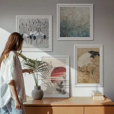 Conjunto de 4 quadros com moldura de paisagem de guindastes japoneses