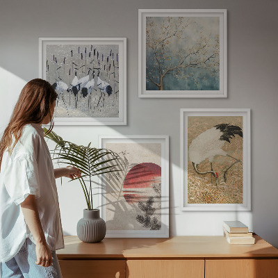 Conjunto de 4 quadros com moldura paisagem de guindastes japoneses