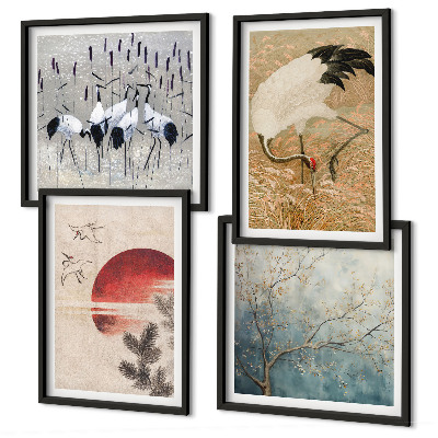 Conjunto de 4 quadros com moldura paisagem de guindastes japoneses