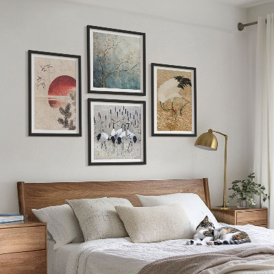 Conjunto de 4 quadros com moldura paisagem de guindastes japoneses