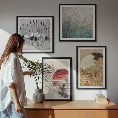Conjunto de 4 quadros com moldura paisagem de guindastes japoneses