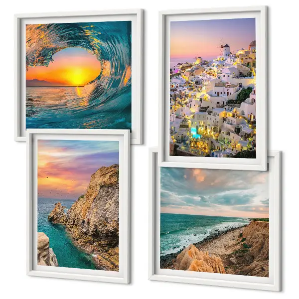 Composição de quadros com a temática de ondas do mar, casas brancas e Santorini