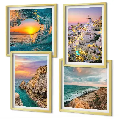 Composição de quadros com a temática de ondas do mar, casas brancas e Santorini