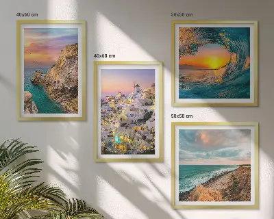 Composição de quadros com a temática de ondas do mar, casas brancas e Santorini