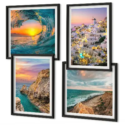 Composição de quadros com a temática de ondas do mar, casas brancas e Santorini