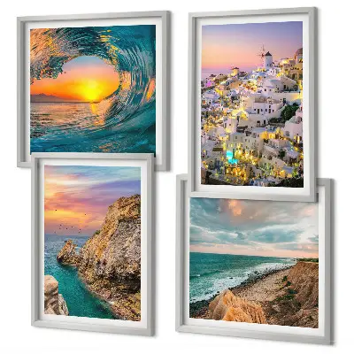 Composição de quadros com a temática de ondas do mar, casas brancas e Santorini