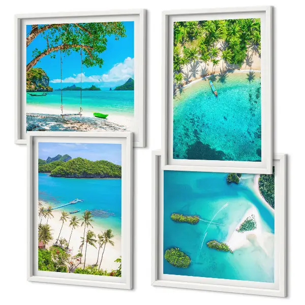 Conjunto de 4 quadros com moldura estampa de praias, palmeiras e água cristalina