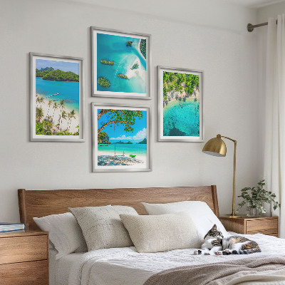 Conjunto de 4 quadros com moldura Praias, palmeiras, água cristalina