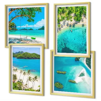 Conjunto de 4 quadros com moldura estampa de praias, palmeiras e água cristalina