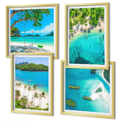 Conjunto de 4 quadros com moldura Praias, palmeiras, água cristalina