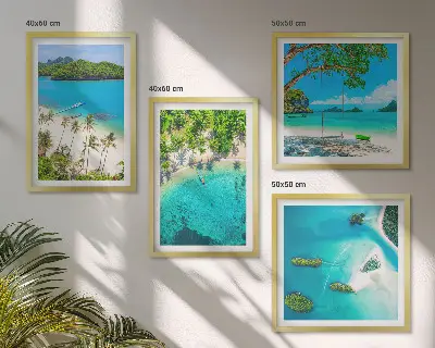 Conjunto de 4 quadros com moldura estampa de praias, palmeiras e água cristalina
