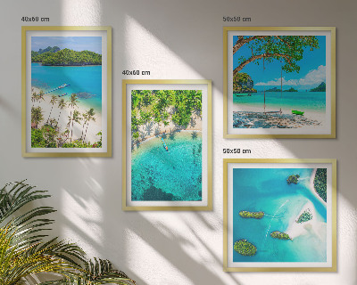Conjunto de 4 quadros com moldura Praias, palmeiras, água cristalina